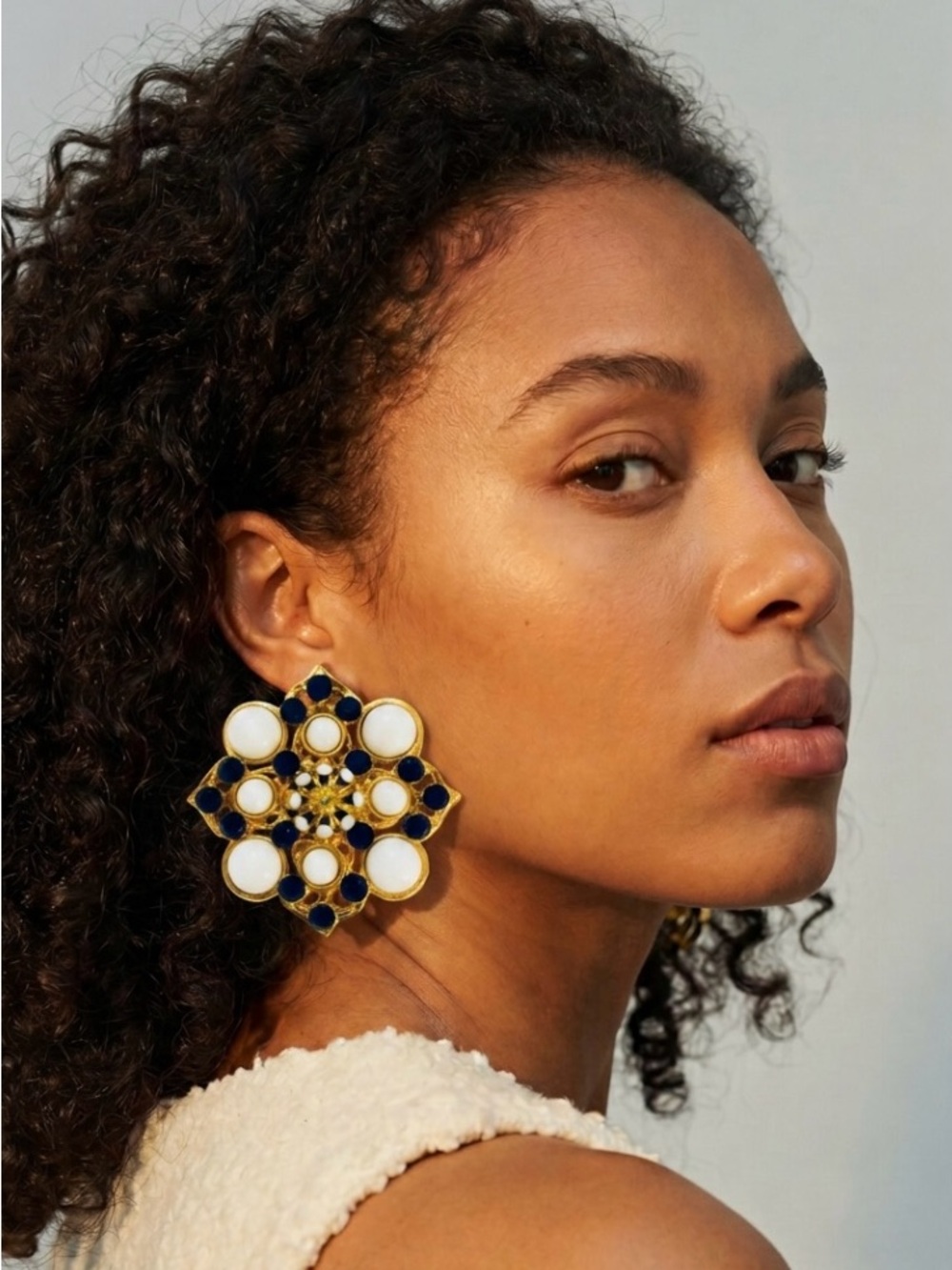 Vintage JOSE MARIA BARRERA Couture Black White Gold Clip-on Earrings